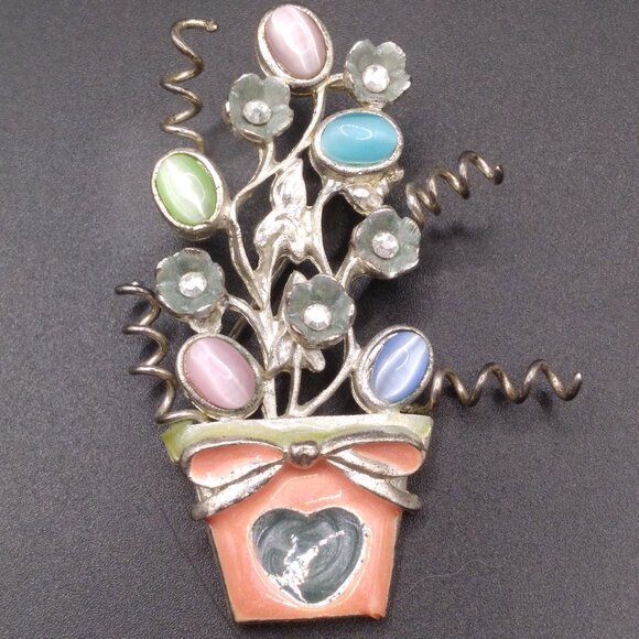 Vintage Enamel Potted Tree Brooch Glass Cats Eye Stone signed KC - Picture 2 of 4